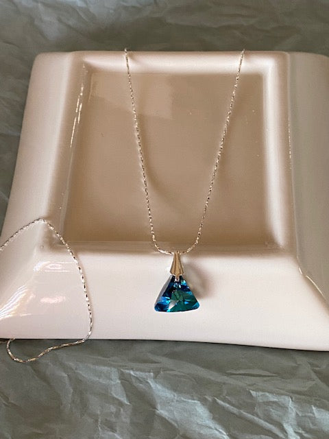 Dainty Sterling Silver Necklace with Blue Crystal Triangle Shaped Pendant