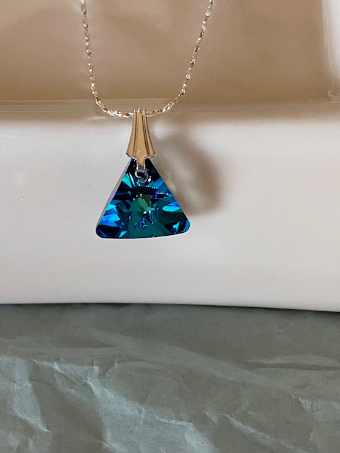 Dainty Sterling Silver Necklace with Blue Crystal Triangle Shaped Pendant