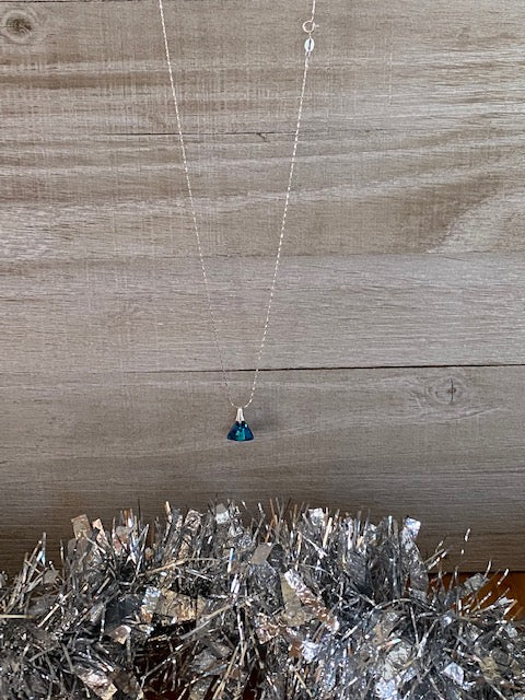 Dainty Sterling Silver Necklace with Blue Crystal Triangle Shaped Pendant