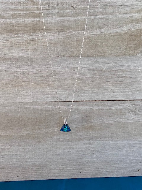 Dainty Sterling Silver Necklace with Blue Crystal Triangle Shaped Pendant