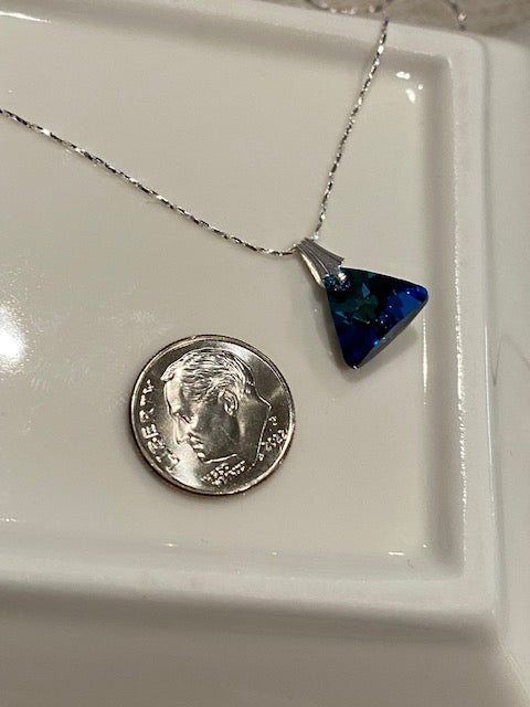 Dainty Sterling Silver Necklace with Blue Crystal Triangle Shaped Pendant