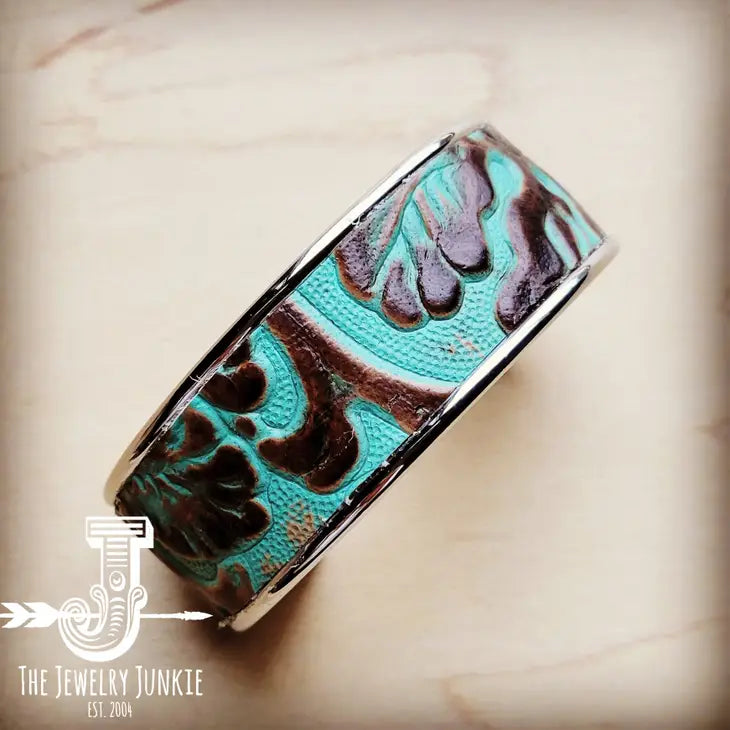 Narrow Cuff Bangle Bracelet in Cowboy Turquoise Leather 003z