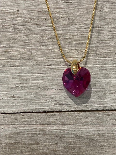 Dainty 14kt Gold Necklace with Crystal Fuchsia Heart Pendant