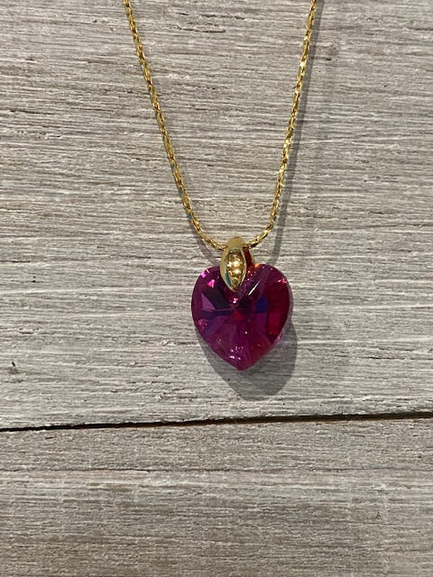 Dainty 14kt Gold Necklace with Crystal Fuchsia Heart Pendant