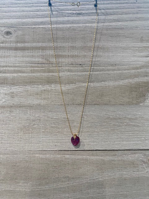 Dainty 14kt Gold Necklace with Crystal Fuchsia Heart Pendant