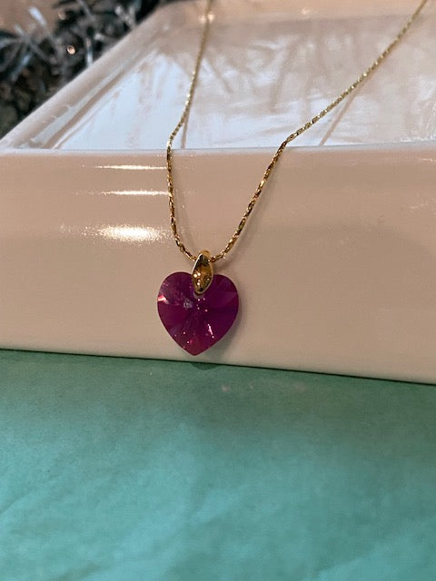 Dainty 14kt Gold Necklace with Crystal Fuchsia Heart Pendant