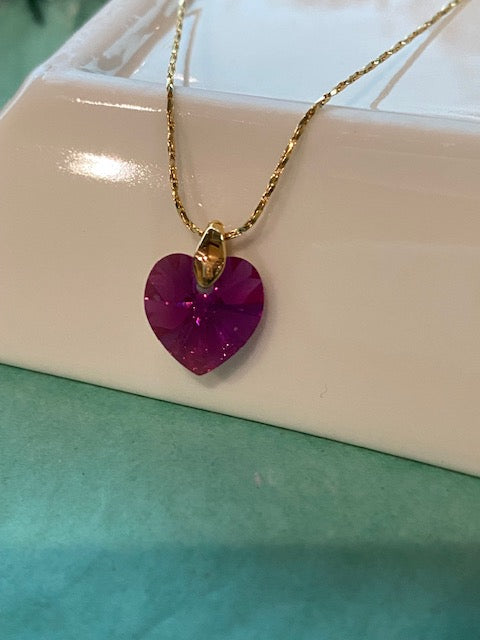 Dainty 14kt Gold Necklace with Crystal Fuchsia Heart Pendant