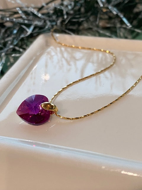 Dainty 14kt Gold Necklace with Crystal Fuchsia Heart Pendant