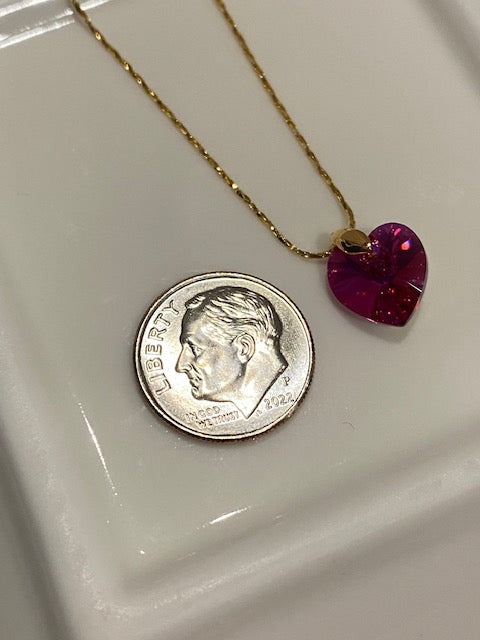 Dainty 14kt Gold Necklace with Crystal Fuchsia Heart Pendant