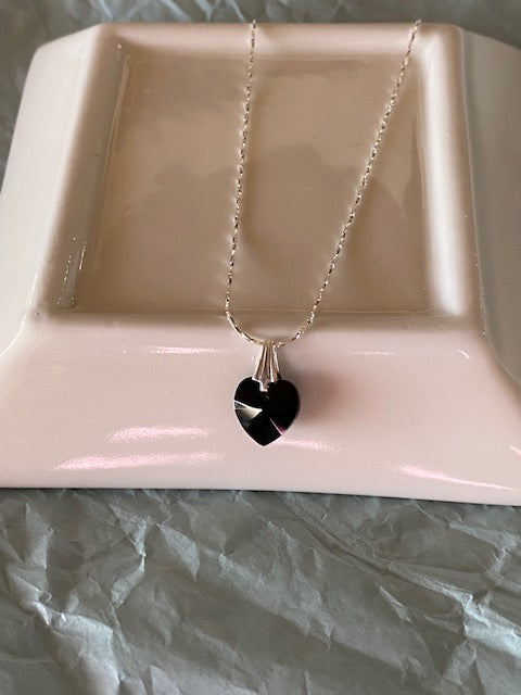 Dainty Sterling Silver Chain Necklace with Black Crystal Heart Pendant