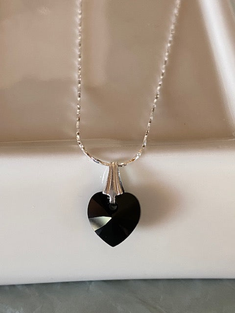 Dainty Sterling Silver Chain Necklace with Black Crystal Heart Pendant