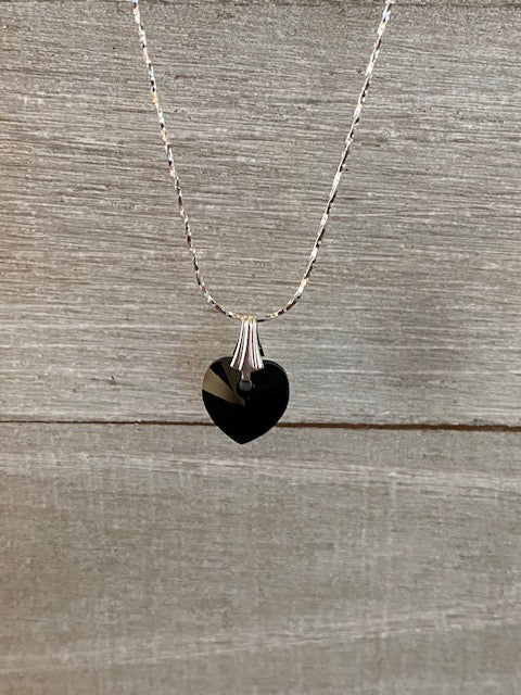 Dainty Sterling Silver Chain Necklace with Black Crystal Heart Pendant