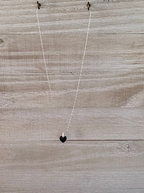 Dainty Sterling Silver Chain Necklace with Black Crystal Heart Pendant