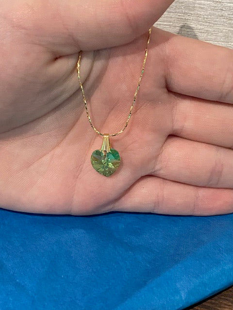 Dainty 14kt Gold Necklace with Crystal Peridot Heart Pendant