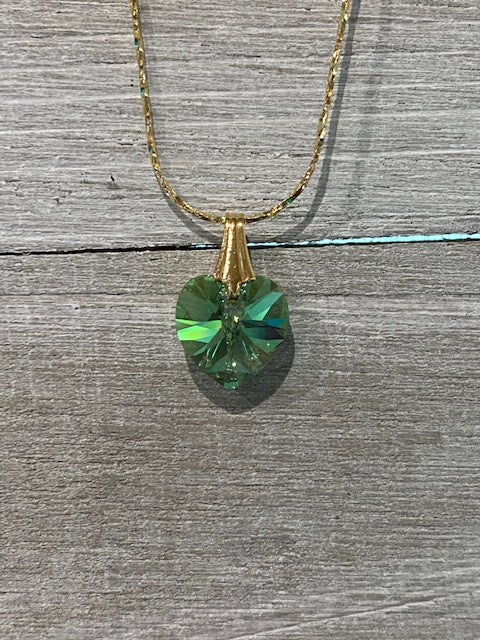 Dainty 14kt Gold Necklace with Crystal Peridot Heart Pendant