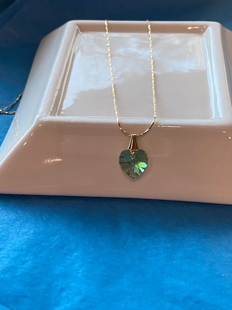 Dainty 14kt Gold Necklace with Crystal Peridot Heart Pendant