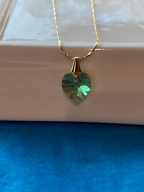 Dainty 14kt Gold Necklace with Crystal Peridot Heart Pendant