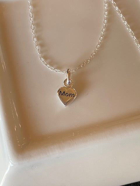 Dainty Sterling Silver Necklace with Sterling Silver "Mom" Charm