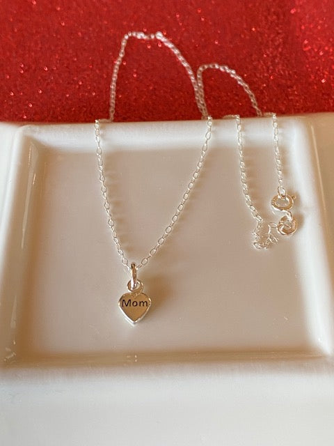 Dainty Sterling Silver Necklace with Sterling Silver "Mom" Charm