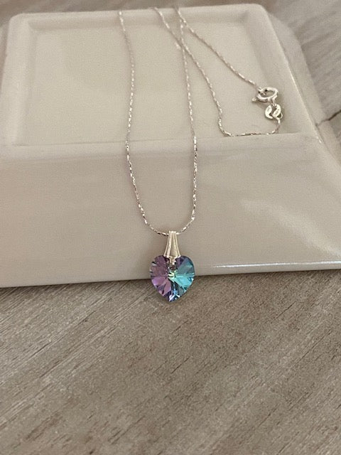 Dainty Sterling Silver Chain Necklace with Vitrail Crystal Heart Pendant