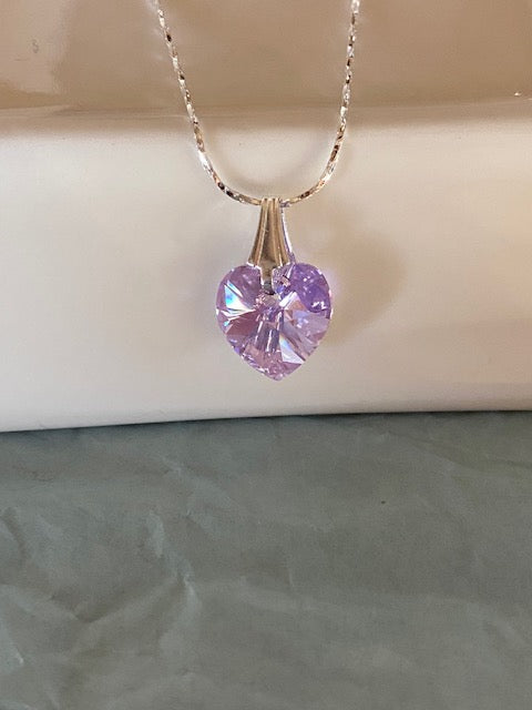 Dainty Sterling Silver Chain Necklace with Violet Crystal Heart Pendant