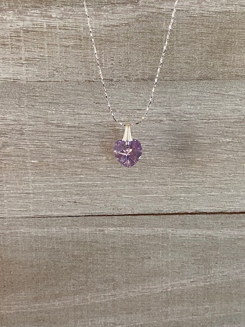 Dainty Sterling Silver Chain Necklace with Violet Crystal Heart Pendant