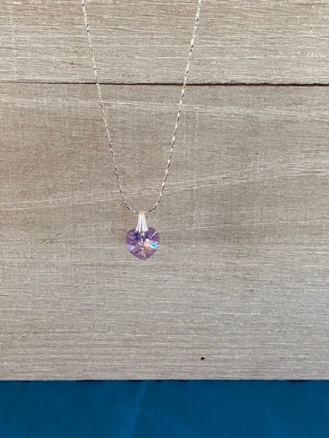 Dainty Sterling Silver Chain Necklace with Violet Crystal Heart Pendant