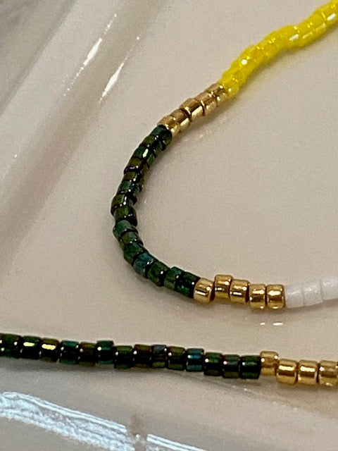 Multicolored Seed Bead Necklace - White, Yellow, Gold, Green